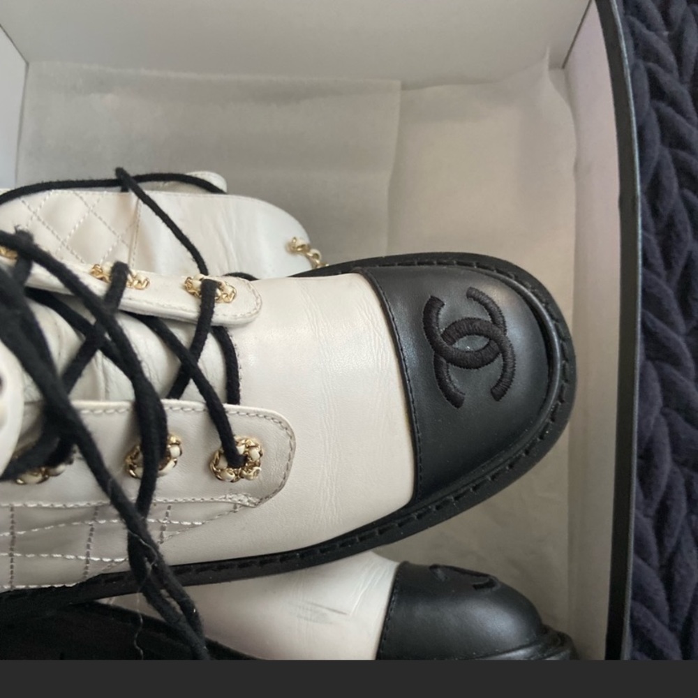 Chanel black and white Moto boots
